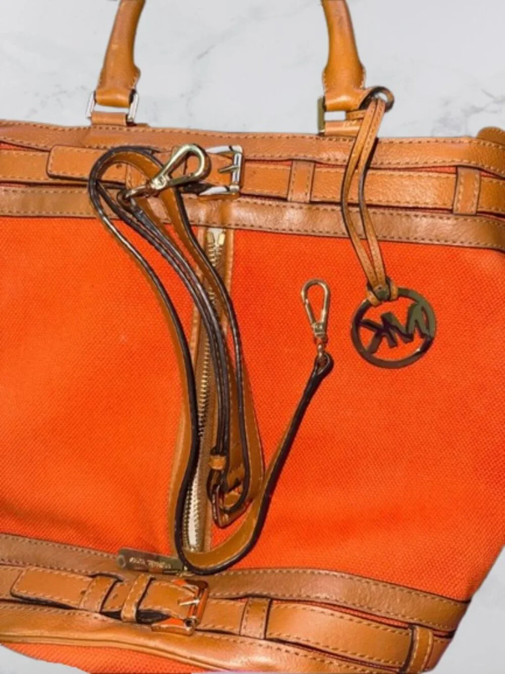 Michael Kors Kingsbury Orange Canvas Bucket Bag Cognac Leather Crossbody - Picture 11 of 13